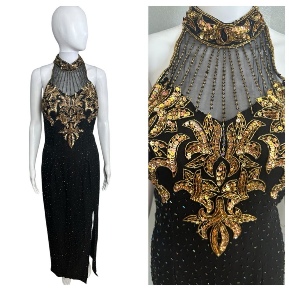 Sean Collection Black and Gold Maxi Dress Sequined 100% Silk L